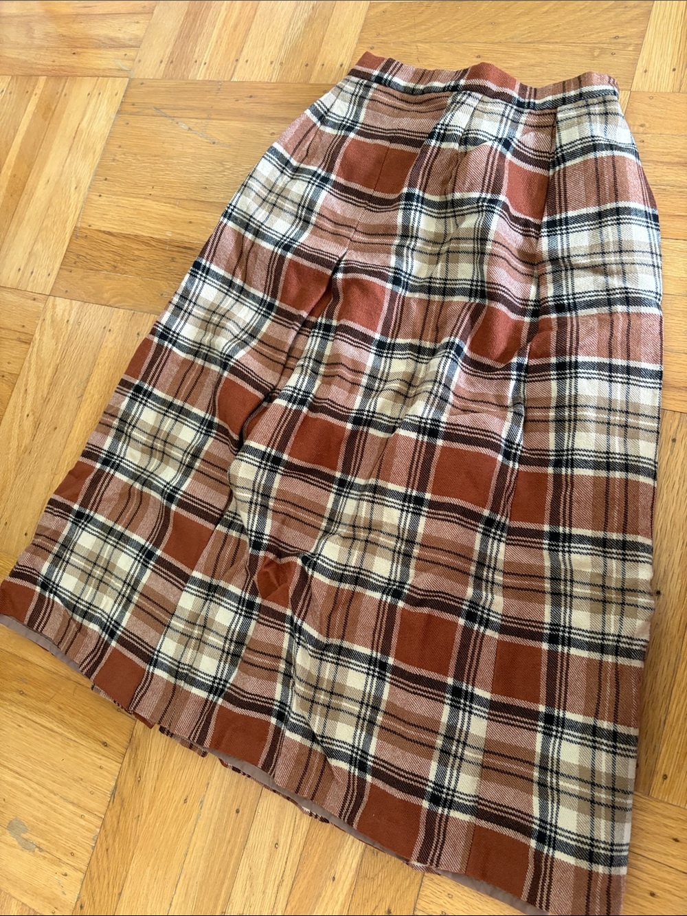 Wool Plaid A-Line Midi Skirt in Rust and Cream - Picture 5 of 7